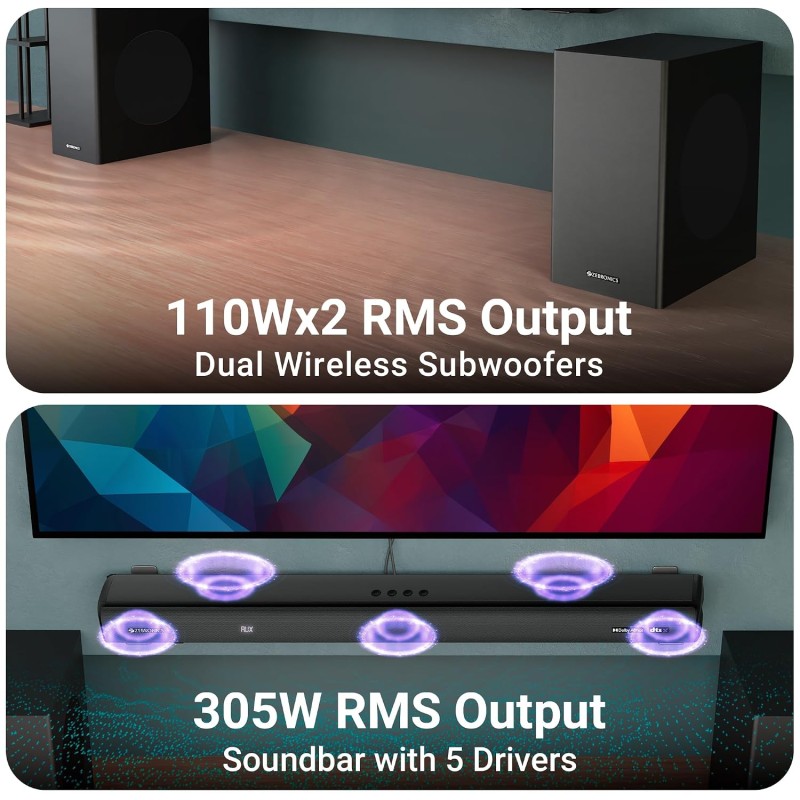 ZEBRONICS Juke BAR 9900 Soundbar, 725 Watts, DTS X, Dolby Atmos, 5.2.4 CH, 2X Wireless (Subwoofer & Satellites)