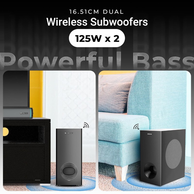 ZEBRONICS Juke bar 9550 pro 5.2 Soundbar (625 Watts), Dolby Audio, Dual Wireless Subwoofer & Wired Satellite, BT v5.3 Silver