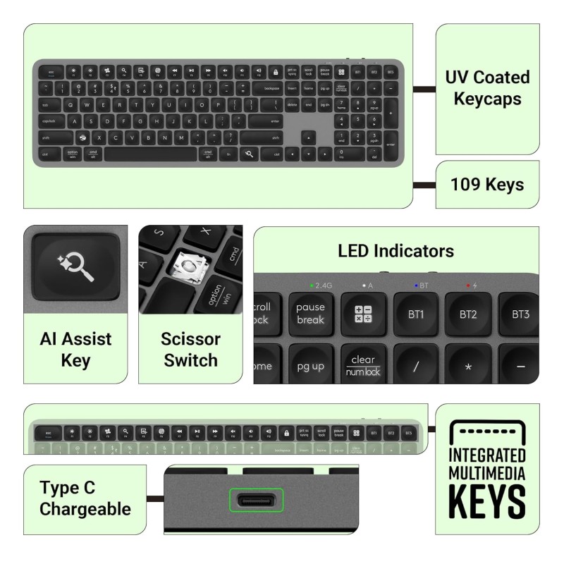 ZEBRONICS K5002MW Slim Wireless Keyboard with in-Built Battery, Copilot AI Key, Windows | Mac | iOS | Android, Scissor Switch
