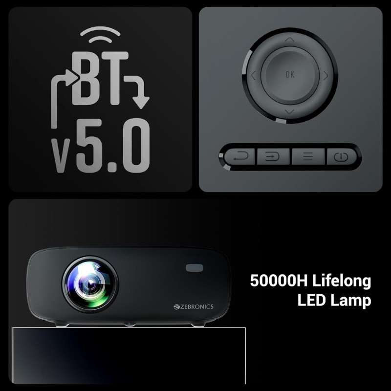 ZEBRONICS PIXAPLAY 55, Smart Projector, 10000 Lumens, 4K Support, 150 Inch Screen Size, Quad Core Processor