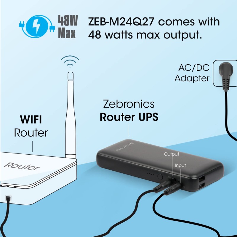 ZEBRONICS ZEB-M24Q27 Router UPS with 19200mAh, 48W max, Built-in protections, LED Indicator, DC 12V/9V/5V Input Output Support, Toggle Switch, DC5521 pin IO converters and 2X USB Output, Black
