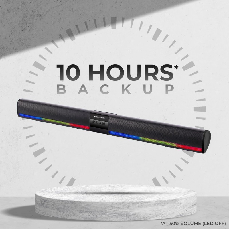 Zebronics Ace Plus Wireless Soundbar with 30W Output, Dual Passive Radiator, RGB Lights,Built-in Rechargeable Battery