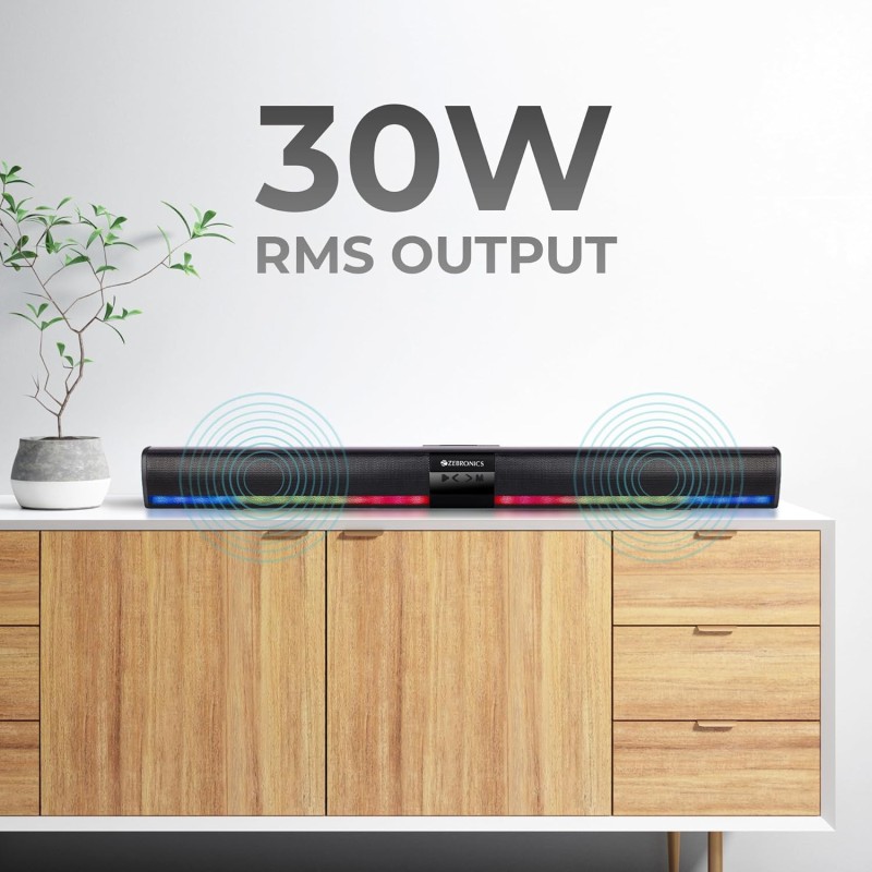Zebronics Ace Plus Wireless Soundbar with 30W Output, Dual Passive Radiator, RGB Lights,Built-in Rechargeable Battery
