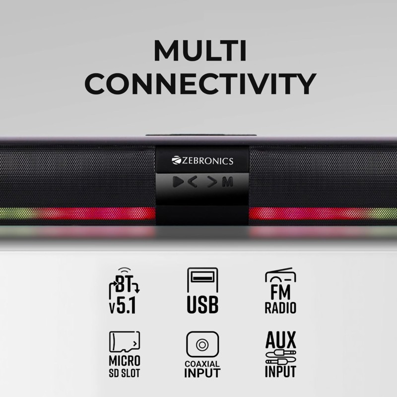 Zebronics Ace Plus Wireless Soundbar with 30W Output, Dual Passive Radiator, RGB Lights,Built-in Rechargeable Battery