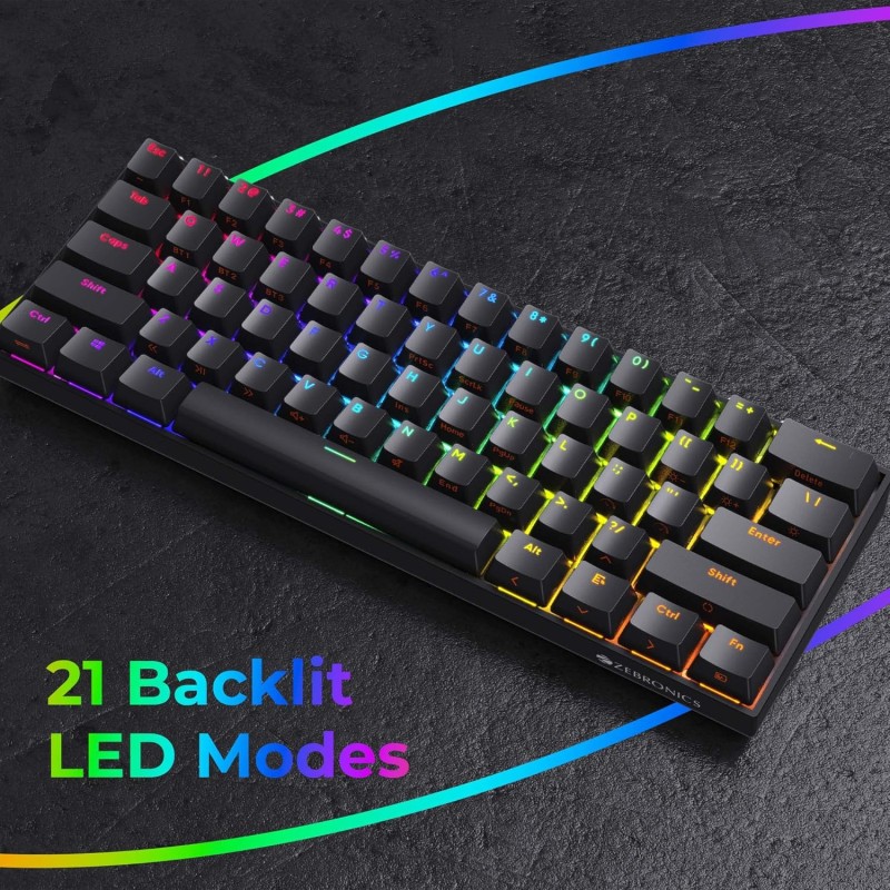 Zebronics ZEB-MAX NINJA 61 keys wireless mechanical keyboard with 3 Bluetooth connections, 2.4GHz Nano receiver, Type C wired mode, RGB backlit, built-in rechargeable battery and N-key rollover(Black)