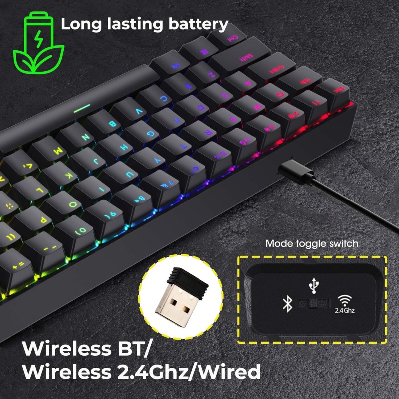 Zebronics ZEB-MAX NINJA 61 keys wireless mechanical keyboard with 3 Bluetooth connections, 2.4GHz Nano receiver, Type C wired mode, RGB backlit, built-in rechargeable battery and N-key rollover(Black)