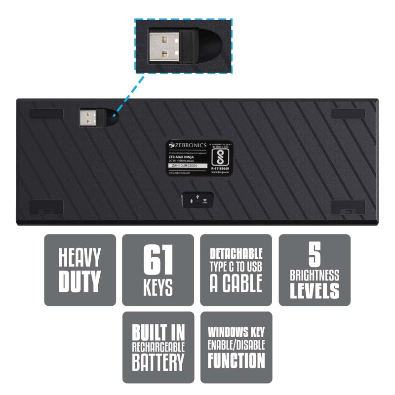 Zebronics ZEB-MAX NINJA 61 keys wireless mechanical keyboard with 3 Bluetooth connections, 2.4GHz Nano receiver, Type C wired mode, RGB backlit, built-in rechargeable battery and N-key rollover(Black)