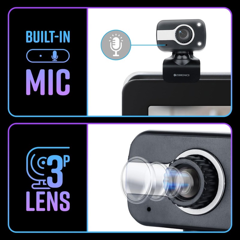 Zebronics Zeb-Crystal Clear Web Camera, 0.3 MP with USB with 3P Lens,Built-in Microphone,Auto (Black)