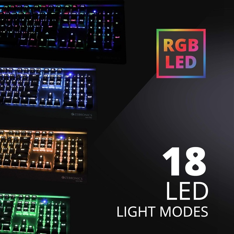 Zebronics Zeb-Max Pro Mechanical Gaming Full Size Keyboard, Suspended Keycaps, 18 RGB Light Modes (Gold Plated USB, Braided Cable)