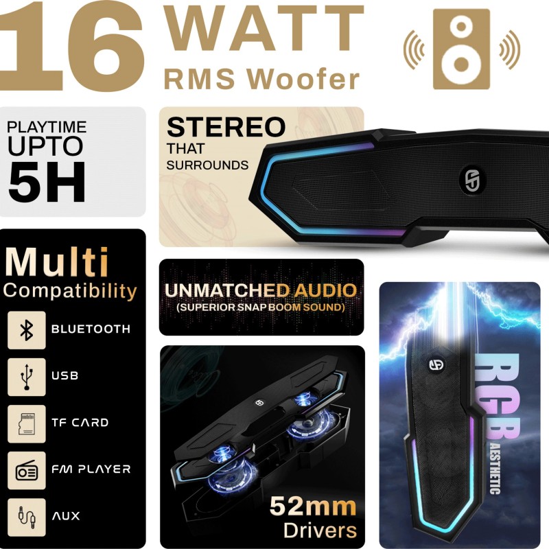 SnapUp Boom Edge Non Stop Music TYPE C BOOM Sound Multi-Compatibility RGB TWS Feature 16 W  (Black, Stereo Channel)