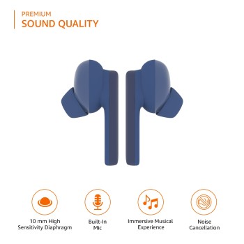 amazon basics Bluetooth 5.0 Truly Wireless in Ear Earbuds, Up to 38 Hours Playtime, IPX-5 Rated, Type-C Charging Case, Touch Controls, Voice Assistant, Optional Single Side Use for Phone Calls, Blue