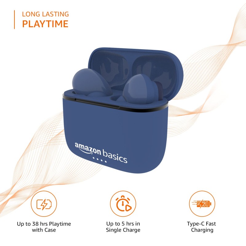 amazon basics Bluetooth 5.0 Truly Wireless in Ear Earbuds, Up to 38 Hours Playtime, IPX-5 Rated, Type-C Charging Case, Touch Controls, Voice Assistant, Optional Single Side Use for Phone Calls, Blue