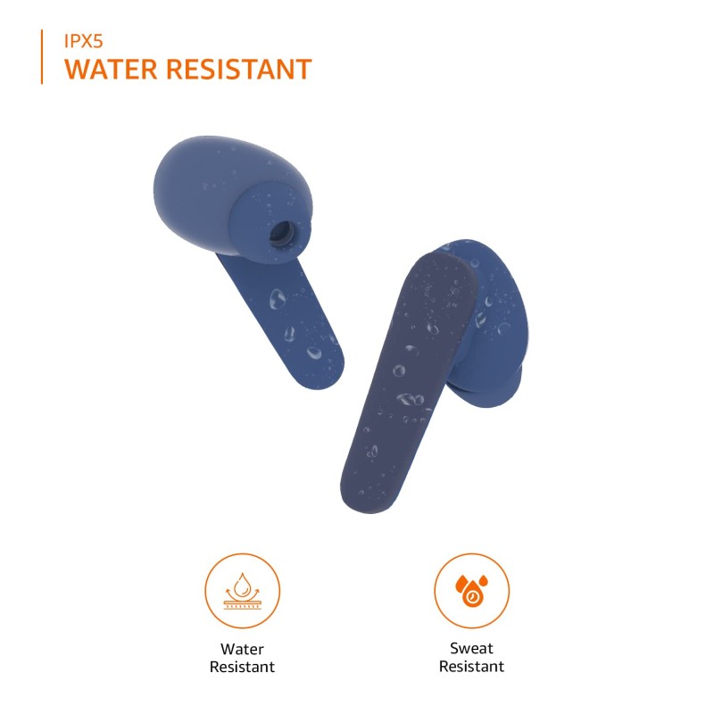 amazon basics Bluetooth 5.0 Truly Wireless in Ear Earbuds, Up to 38 Hours Playtime, IPX-5 Rated, Type-C Charging Case, Touch Controls, Voice Assistant, Optional Single Side Use for Phone Calls, Blue