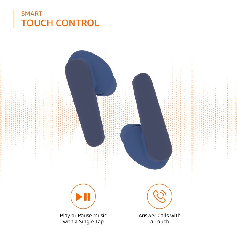 amazon basics Bluetooth 5.0 Truly Wireless in Ear Earbuds, Up to 38 Hours Playtime, IPX-5 Rated, Type-C Charging Case, Touch Controls, Voice Assistant, Optional Single Side Use for Phone Calls, Blue