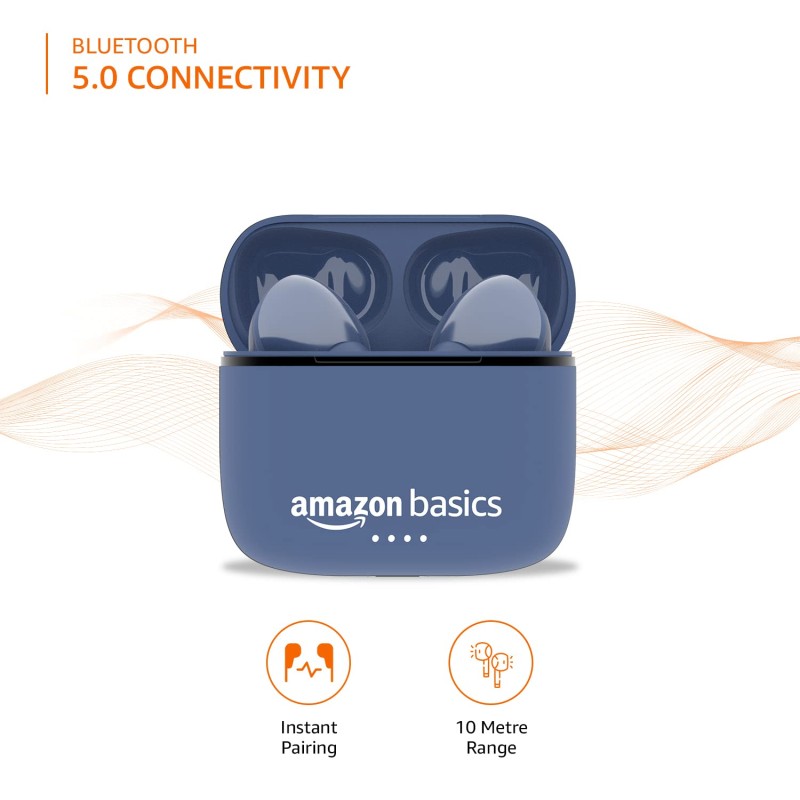amazon basics Bluetooth 5.0 Truly Wireless in Ear Earbuds, Up to 38 Hours Playtime, IPX-5 Rated, Type-C Charging Case, Touch Controls, Voice Assistant, Optional Single Side Use for Phone Calls, Blue