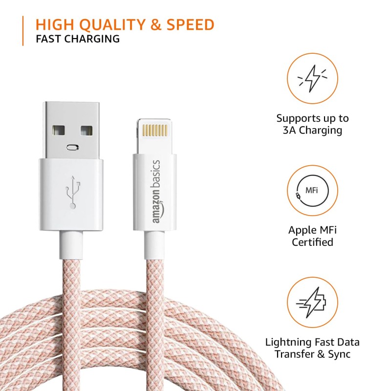 amazon basics Nylon Braided USB-A to Lightning Cable Cord, MFi Certified Charger for Apple iPhone Salmon Pink, 1.02 meter