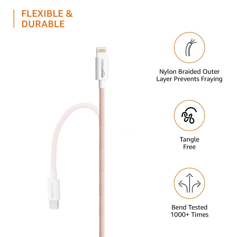 amazon basics Nylon Braided USB-A to Lightning Cable Cord, MFi Certified Charger for Apple iPhone Salmon Pink, 1.02 meter