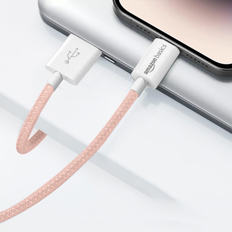 amazon basics Nylon Braided USB-A to Lightning Cable Cord, MFi Certified Charger for Apple iPhone Salmon Pink, 1.02 meter