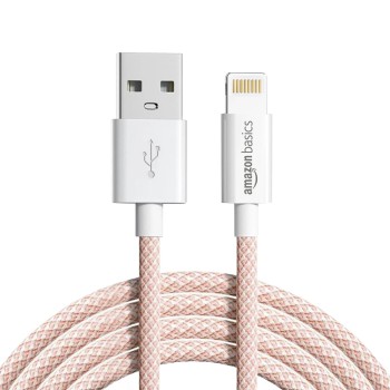 amazon basics Nylon Braided USB-A to Lightning Cable Cord, MFi Certified Charger for Apple iPhone Salmon Pink, 1.02 meter