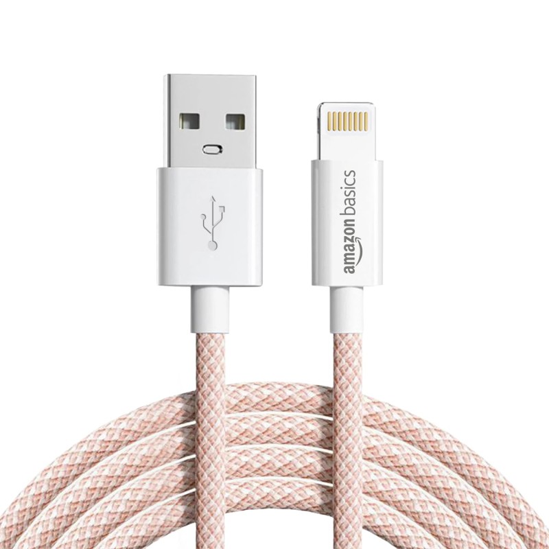 amazon basics Nylon Braided USB-A to Lightning Cable Cord, MFi Certified Charger for Apple iPhone Salmon Pink, 1.02 meter