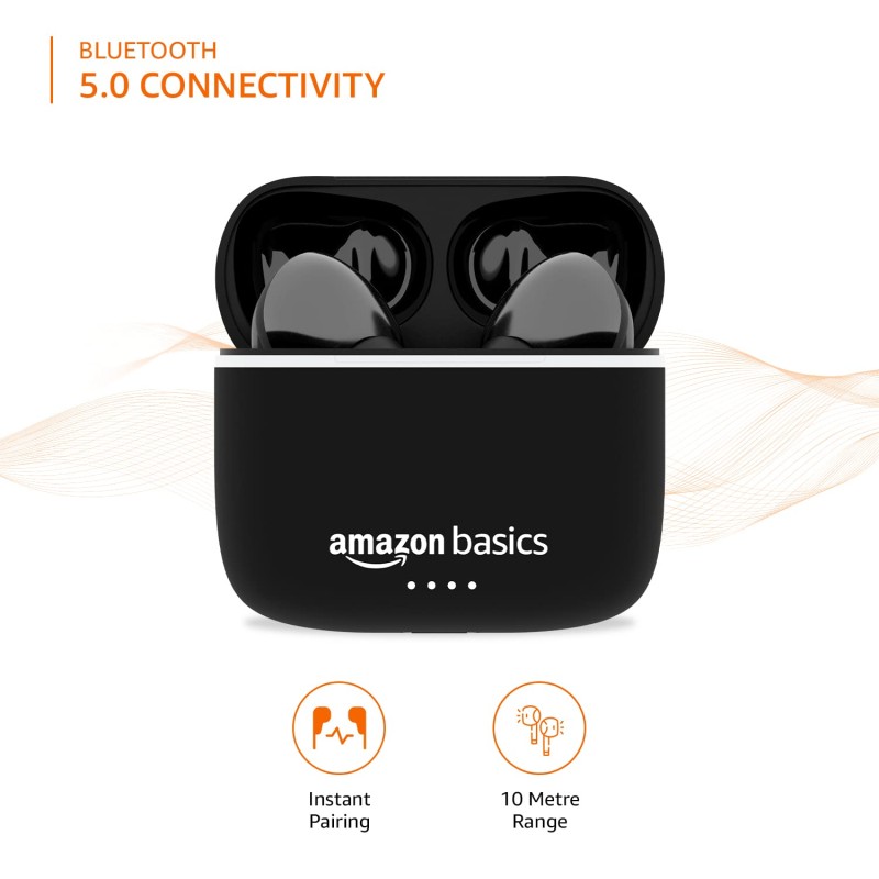 amazon basics True Wireless in-Ear Earbuds with Mic, Touch Control, IPX5 Water-Resistance,Bluetooth 5.0 (Black)