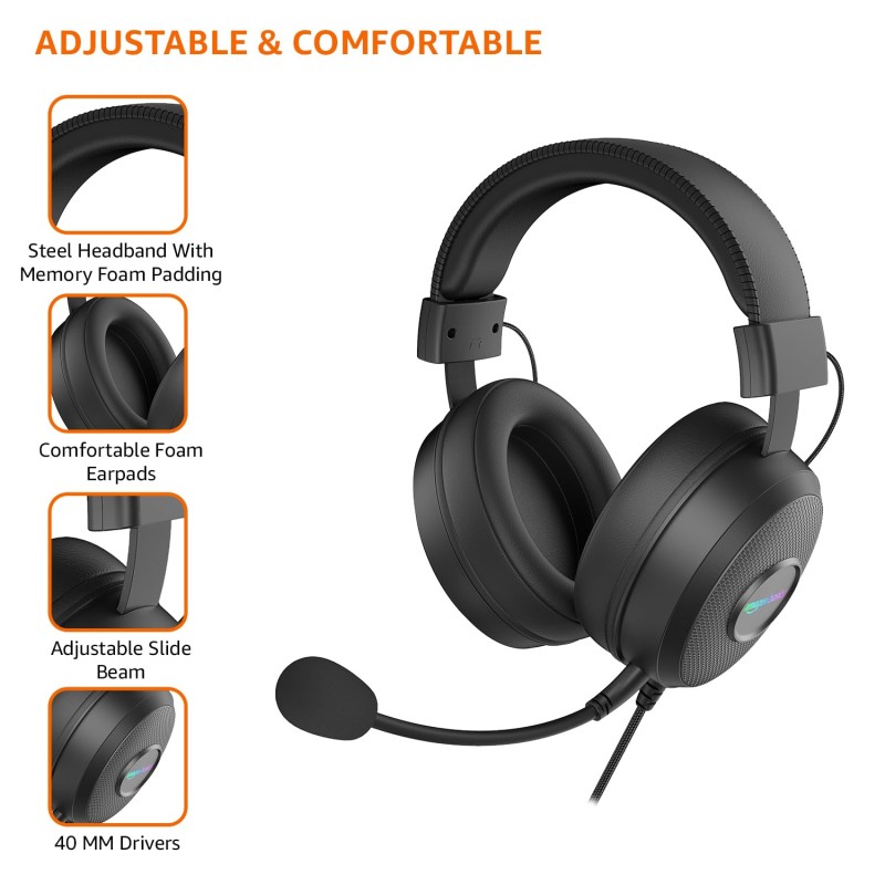 amazon basics Wired Over Ear Gaming Headphones mic for PC, Laptop | Static RGB | (Black)