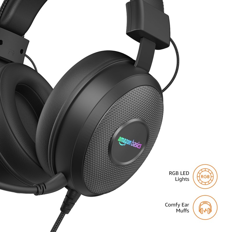 amazon basics Wired Over Ear Gaming Headphones mic for PC, Laptop | Static RGB | (Black)