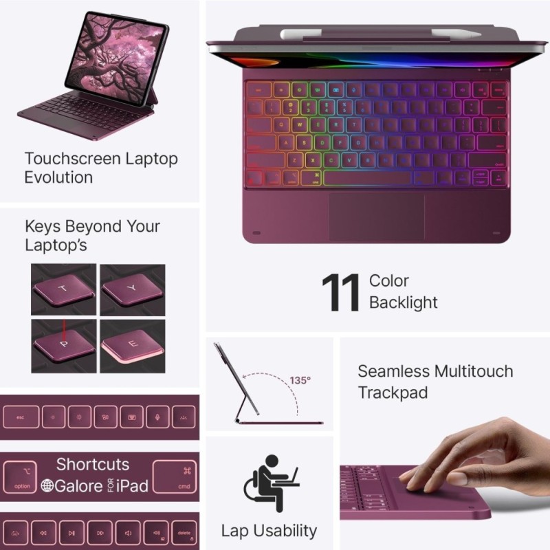 typecase Edge Keyboard Case 11-Color Backlit, Trackpad Raspberry'26