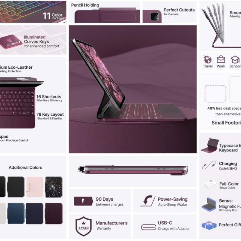 typecase Edge Keyboard Case 11-Color Backlit, Trackpad Raspberry'26