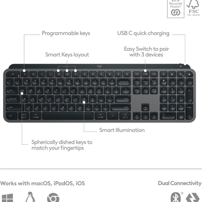 Logitech Wireless Keyboard MX Keys S Low Profile Rechargeable Bluetooth Graphite
