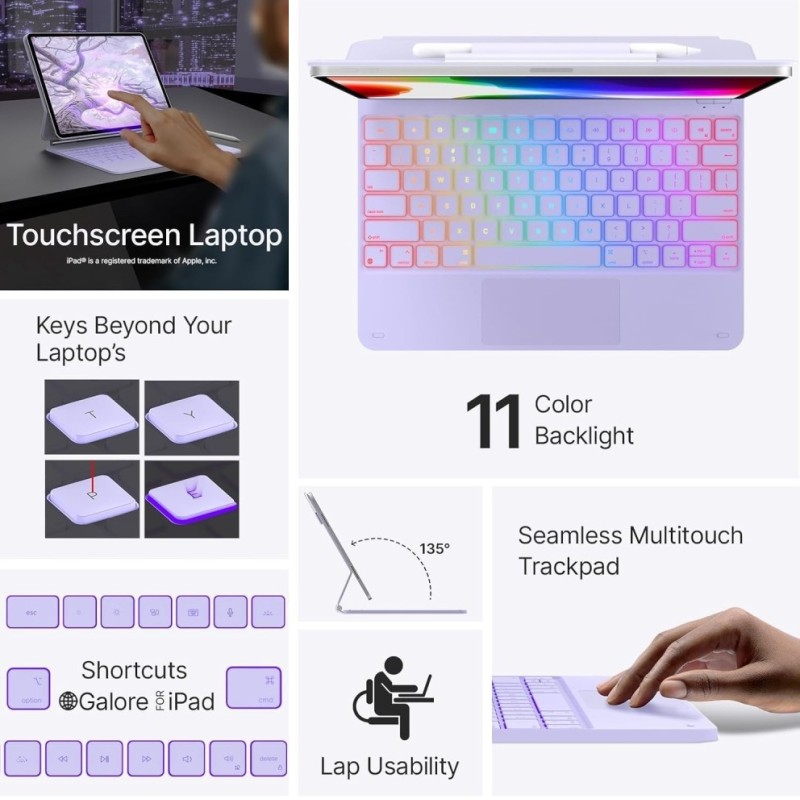 typecase Edge Keyboard for iPad Air 13 & Pro 12.9 Precision Trackpad, 11-Color Backlit, Light Purple'26