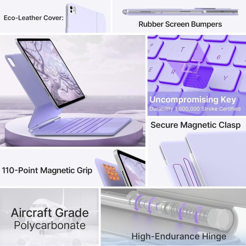 typecase Edge Keyboard for iPad Air 13 & Pro 12.9 Precision Trackpad, 11-Color Backlit, Light Purple'26