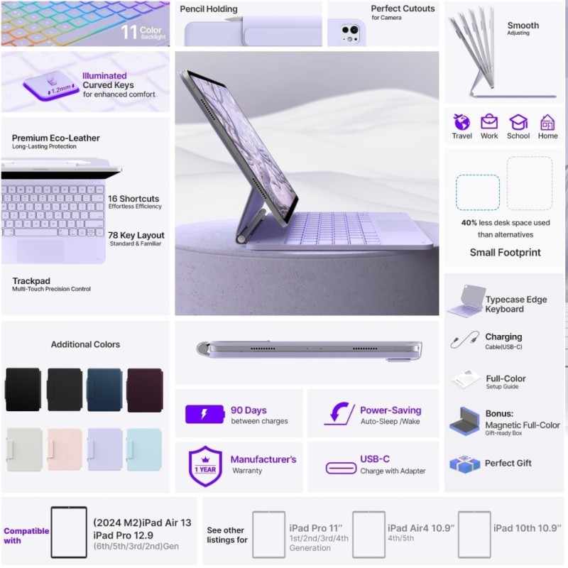 typecase Edge Keyboard for iPad Air 13 & Pro 12.9 Precision Trackpad, 11-Color Backlit, Light Purple'26