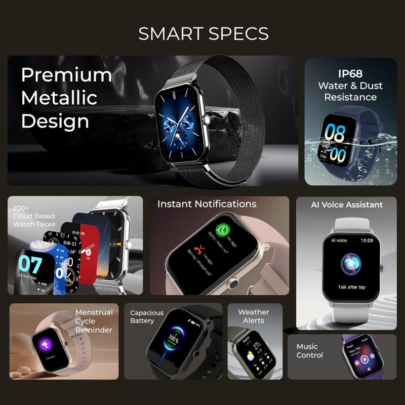 beatXP Marv Neo Smart Watch with 1.85” Ultra HD Display, Bluetooth Calling, 240 * 280px, AI Voice Assistant, 100+ Sports Modes, Heart Rate Monitoring, SpO2, IP68, Fast Charging (Ice Silver)