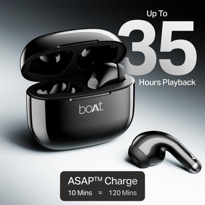 boAt Airdopes 101v2, 35H Battery, ENx Tech, 13mm Drivers, ASAP Charge, Flex-Fit Ear Tips,Stream Ad Free Music (Pitch Black)
