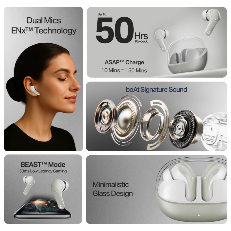 boAt Airdopes Plus 311, Glass Design, ENx Tech, Fast Charge, 50 Hrs Battery, Stream Ad Free Music via App Support Bluetooth Earbuds (Ash Grey)
