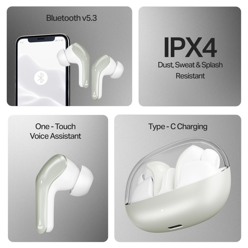 boAt Airdopes Plus 311, Glass Design, ENx Tech, Fast Charge, 50 Hrs Battery, Stream Ad Free Music via App Support Bluetooth Earbuds (Ash Grey)