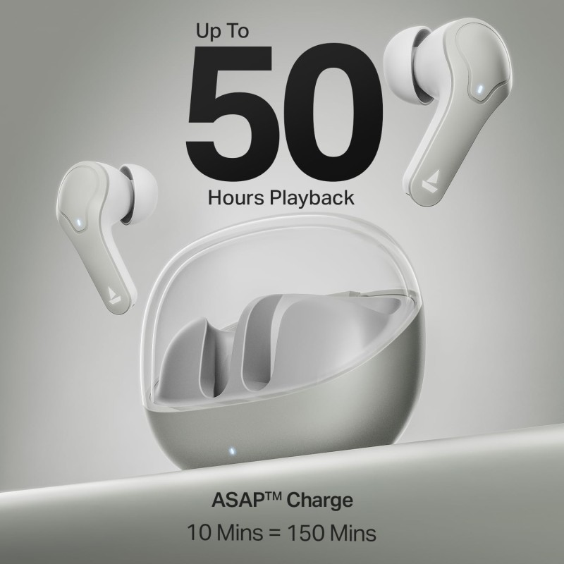 boAt Airdopes Plus 311, Glass Design, ENx Tech, Fast Charge, 50 Hrs Battery, Stream Ad Free Music via App Support Bluetooth Earbuds (Ash Grey)