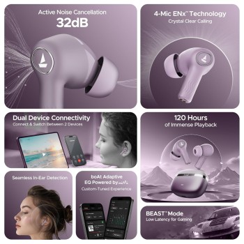 boAt Nirvana Ion ANC, Active Noise Cancellation(~32dB), 120Hrs Battery, App Support, Crystal Bionic Sound, 4Mics ENx, v5.3 Bluetooth Earbuds, TWS Ear Buds Wireless Earphones with mic (Rose Quartz)