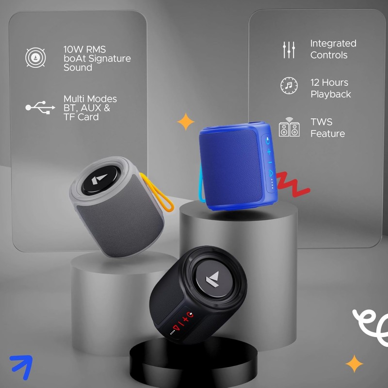 boAt Stone 352/358 Bluetooth Speaker with 10W RMS Stereo Sound, IPX7 Water Resistance, TWS Feature, Up to 12H Total Playtime, Multi-Compatibility Modes, Free Music Streaming on JioSaavn(Vibing Blue)