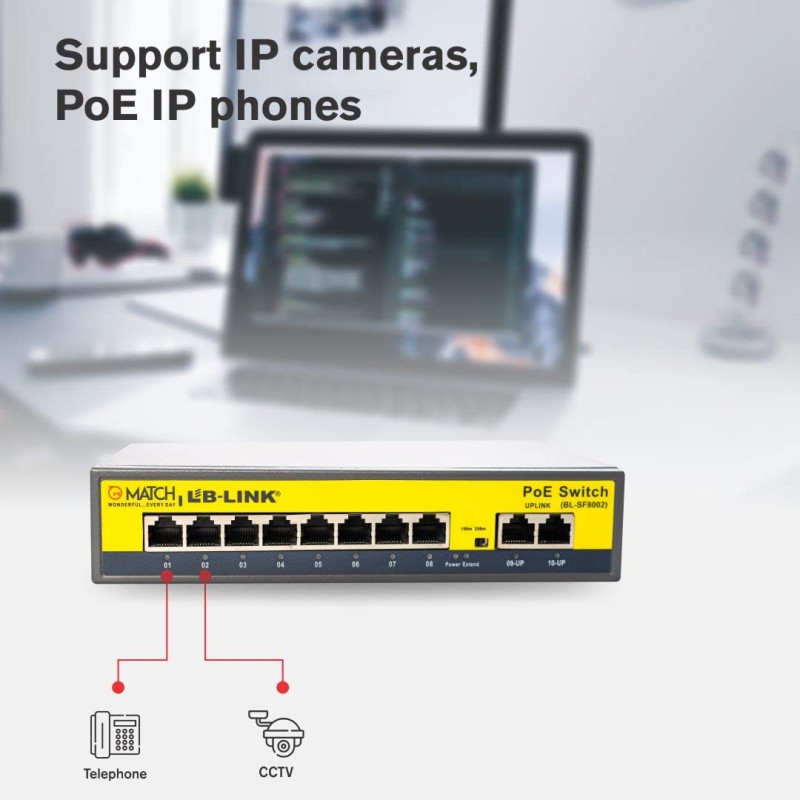 Match Lb-Link 8 Port PoE Switch with 2 Up Link Ports, VLAN up to 250m | Switch Capacity up to 5.6Gbps | 802.3at POE BL-SF8002
