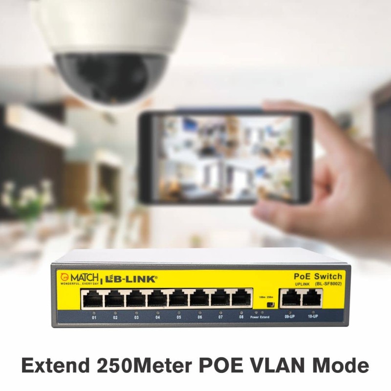 Match Lb-Link 8 Port PoE Switch with 2 Up Link Ports, VLAN up to 250m | Switch Capacity up to 5.6Gbps | 802.3at POE BL-SF8002