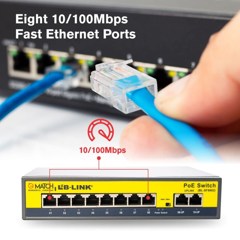 Match Lb-Link 8 Port PoE Switch with 2 Up Link Ports, VLAN up to 250m | Switch Capacity up to 5.6Gbps | 802.3at POE BL-SF8002
