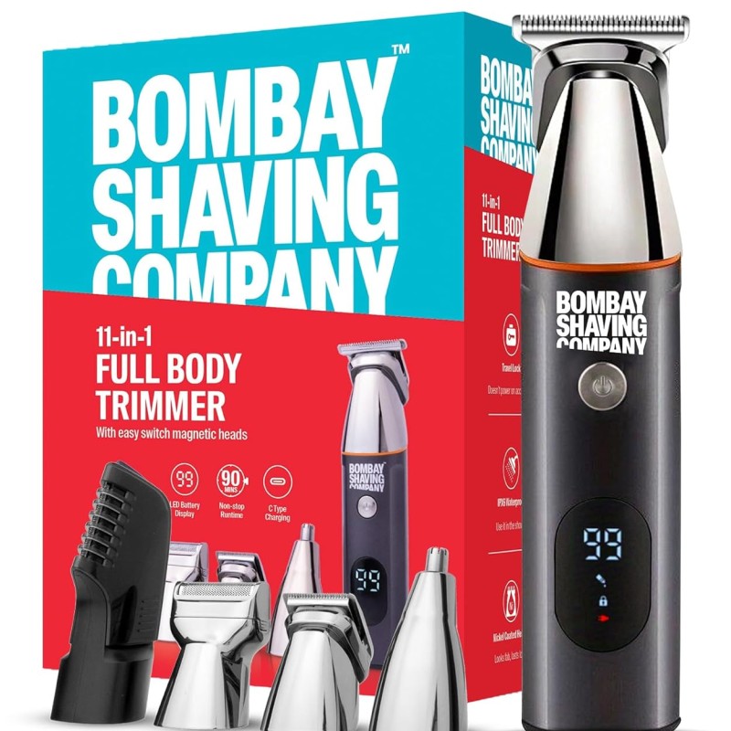 Bombay Shaving Company 11-in-1 All-in-One Grooming Kit for Men | Cordless USB Fast-Charge Trimmer IPX6 Waterproof 90-Min Runtime Smart-Lock &