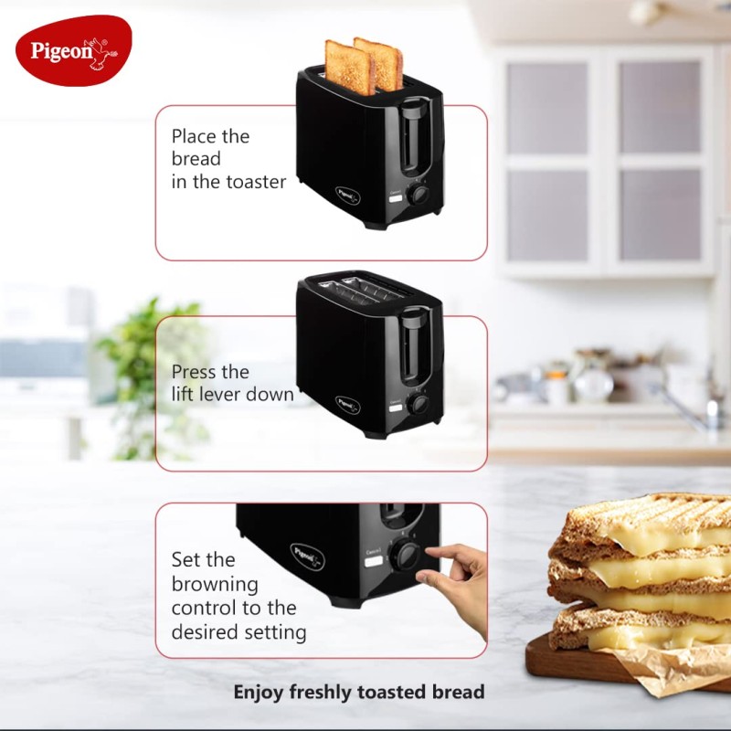 Pigeon 2 Slice Auto Pop up Toaster. A Smart Bread Toaster for Your Home (750 Watts) (Black) 12470