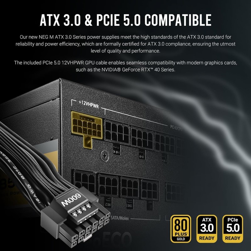ANTEC NeoECO, NE1000G M ATX3.0, 1000W Full Modular PSU, 80 Plus Gold Certified, PCIE 5.0 Support, PhaseWave Design, Japanese Caps, Zero RPM Manager