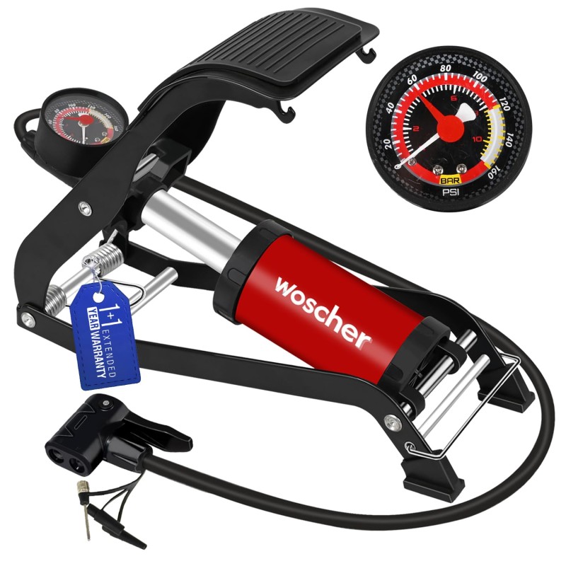 Woscher 8702Z Single Cylinder | Portable Foot Pump | Air Tyre Inflator with Pressure Gauge of 120 Psi / 7 Bar | Foot Air Pump for Car and Bike | Foot