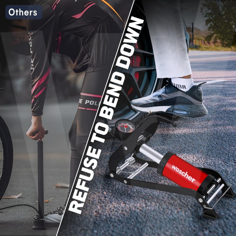 Woscher 8702Z Single Cylinder | Portable Foot Pump | Air Tyre Inflator with Pressure Gauge of 120 Psi / 7 Bar | Foot Air Pump for Car and Bike | Foot