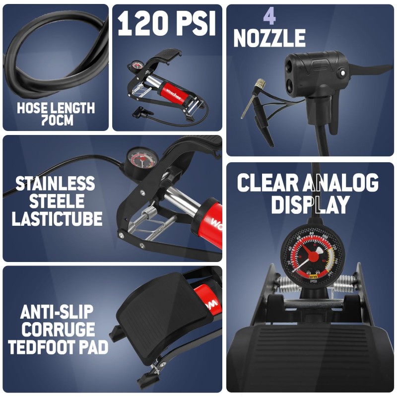 Woscher 8702Z Single Cylinder | Portable Foot Pump | Air Tyre Inflator with Pressure Gauge of 120 Psi / 7 Bar | Foot Air Pump for Car and Bike | Foot