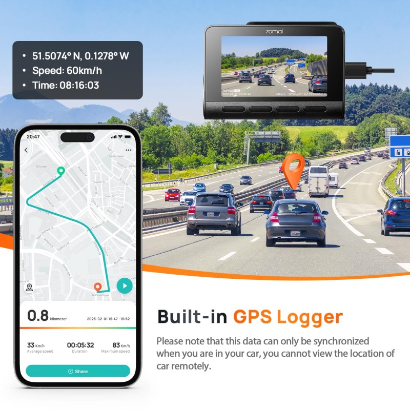 70mai A810 True 4K HDR Dual Dash Cam, Built-in GPS Logger, ADAS, Sony Starvis2 IMX678, 150° Wide, Optional Parking A810-2